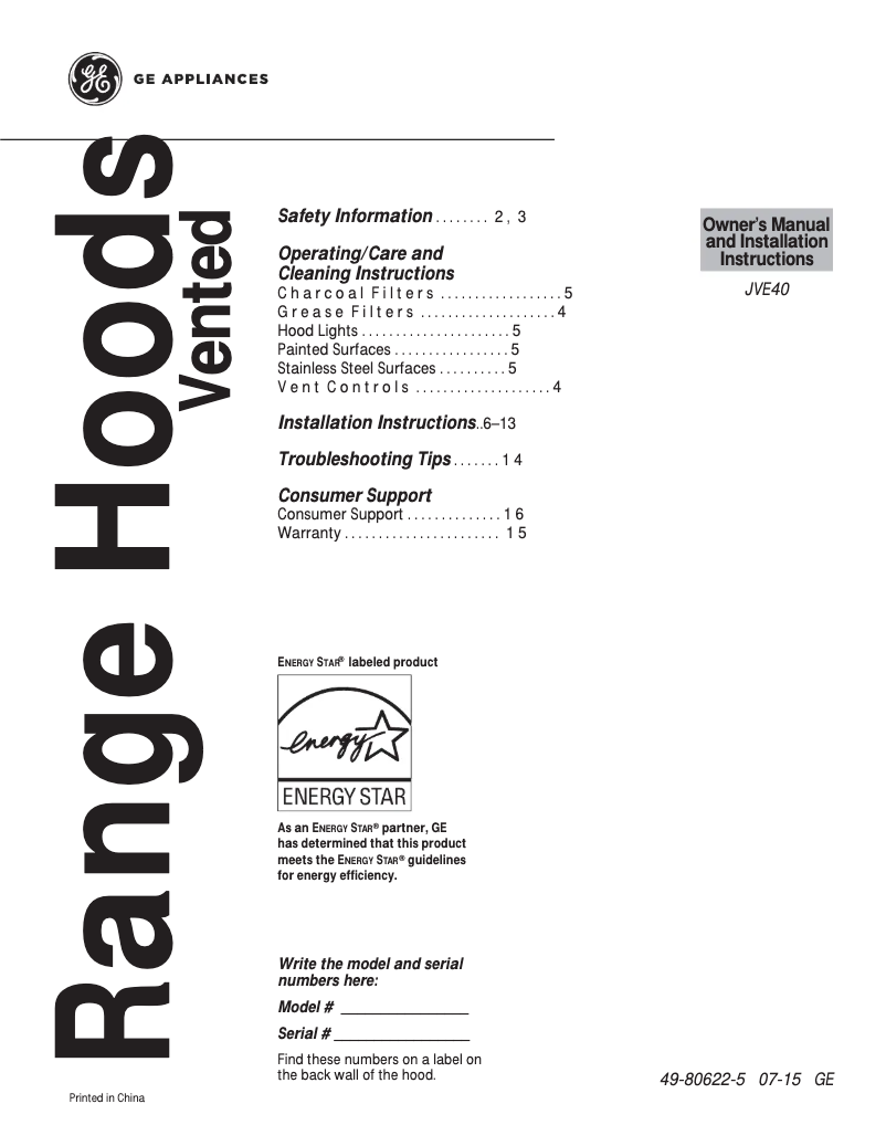 Page 1 de la notice Manuel d'utilisation et d'entretien GE JVE40STSS