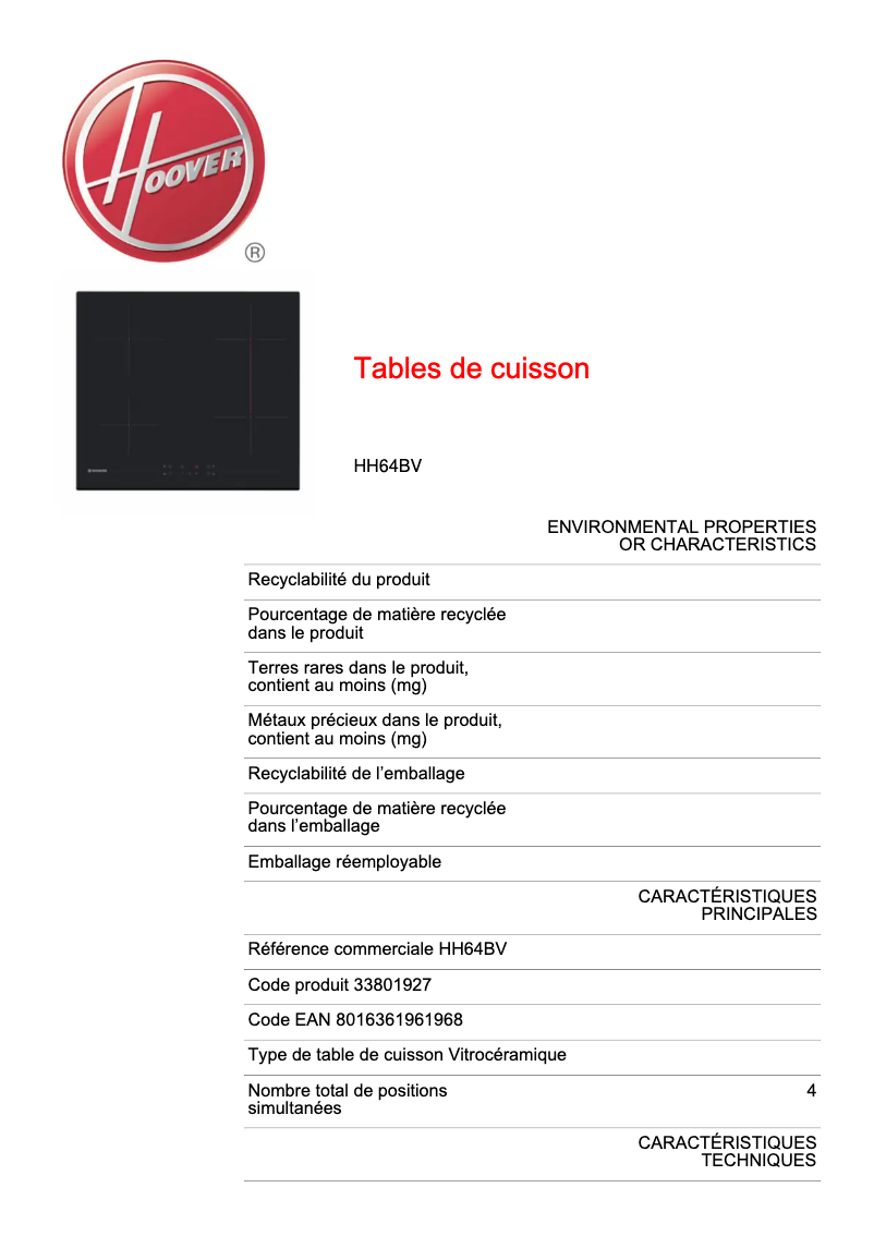 Page n°1 - Fiche technique Hoover H-HOB 300 HH64BV
