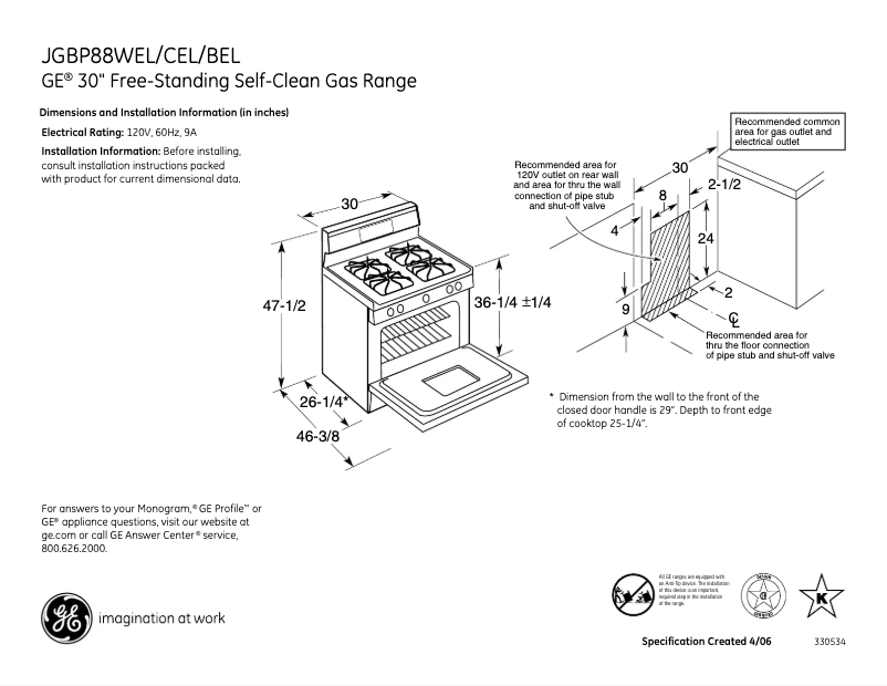 Page 1 de la notice Fiche technique GE JGBP88BELBB