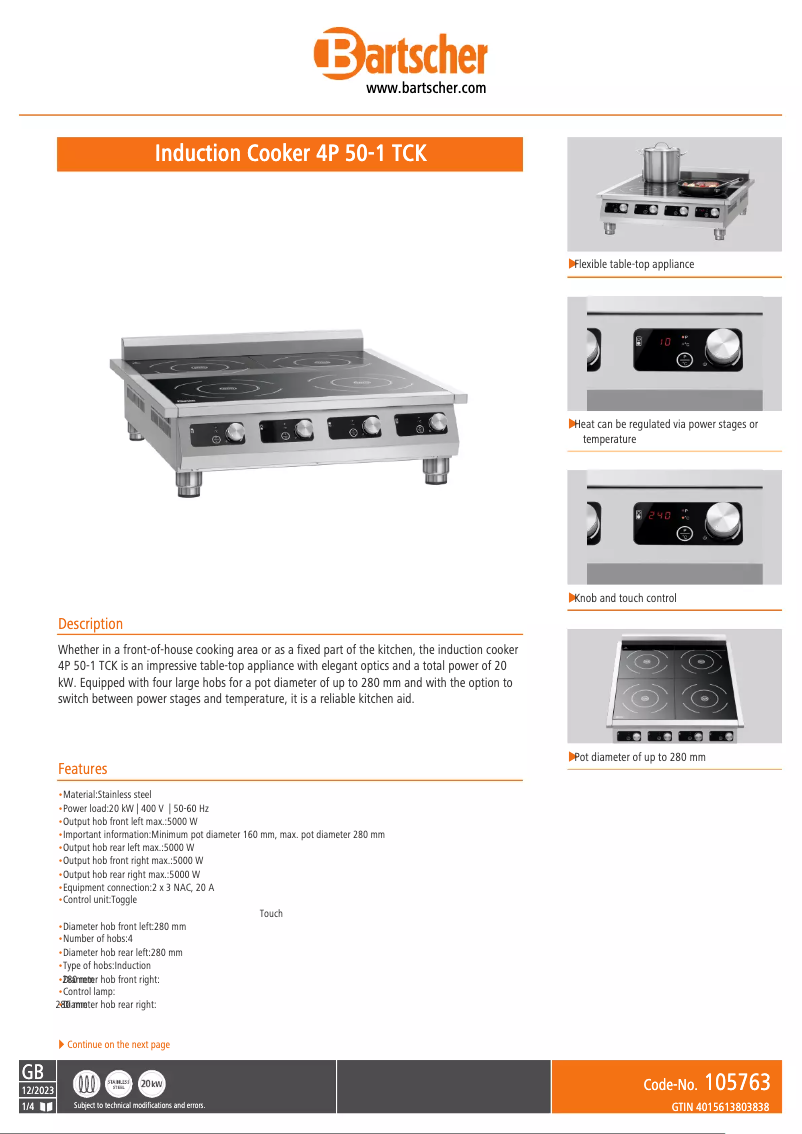 Page 1 de la notice Fiche technique Bartscher 4P 50-1 TCK