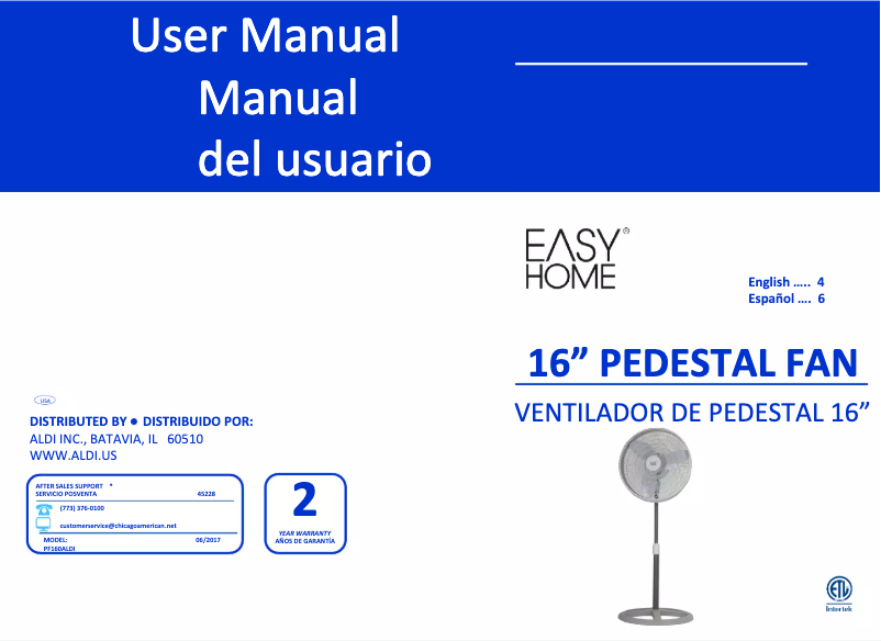 Page 1 de la notice Manuel utilisateur Easy Home 16" Pedestal Fan PF160ALDI