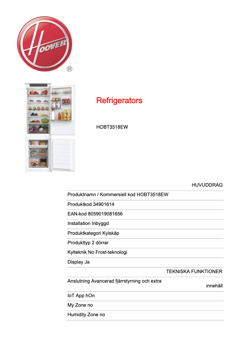 Page n°1 - Fiche technique Hoover HOBT3518EW