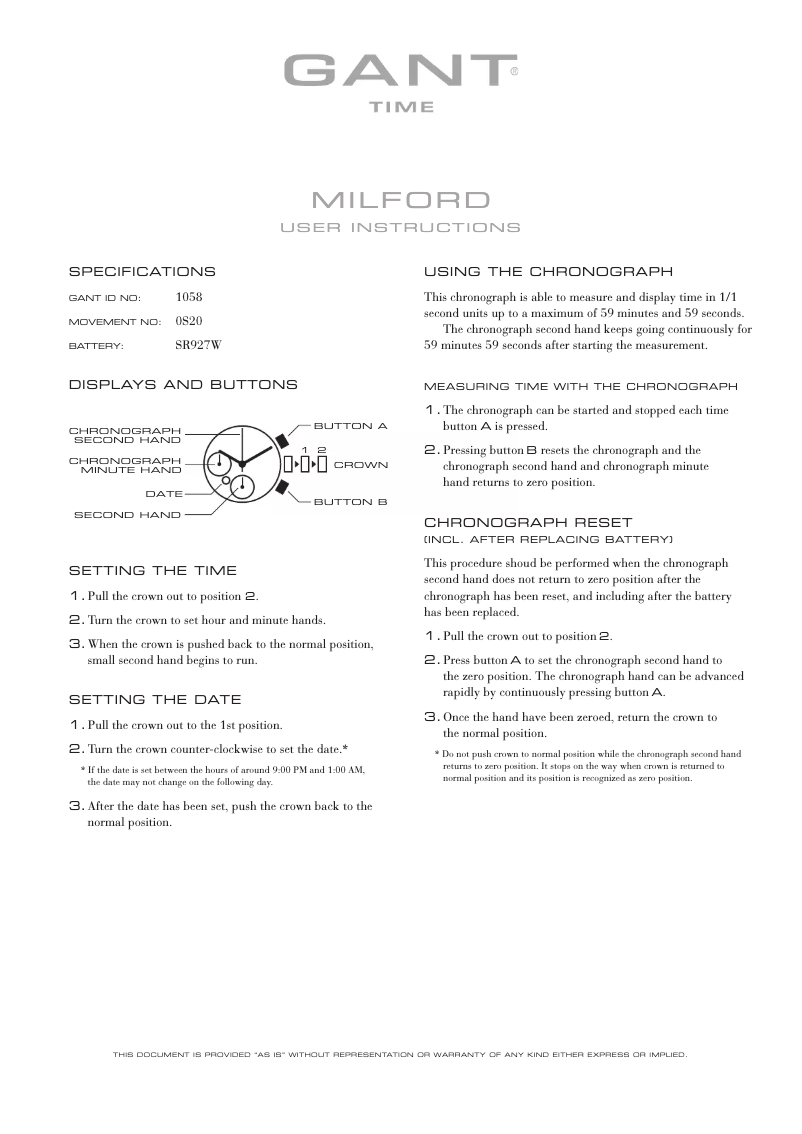 Page 1 de la notice Manuel utilisateur Gant Milford 1058