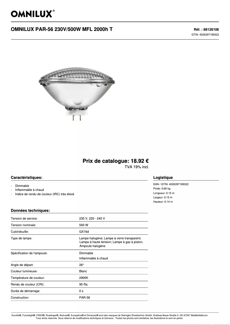 Page 1 de la notice Fiche technique Omnilux PAR-56