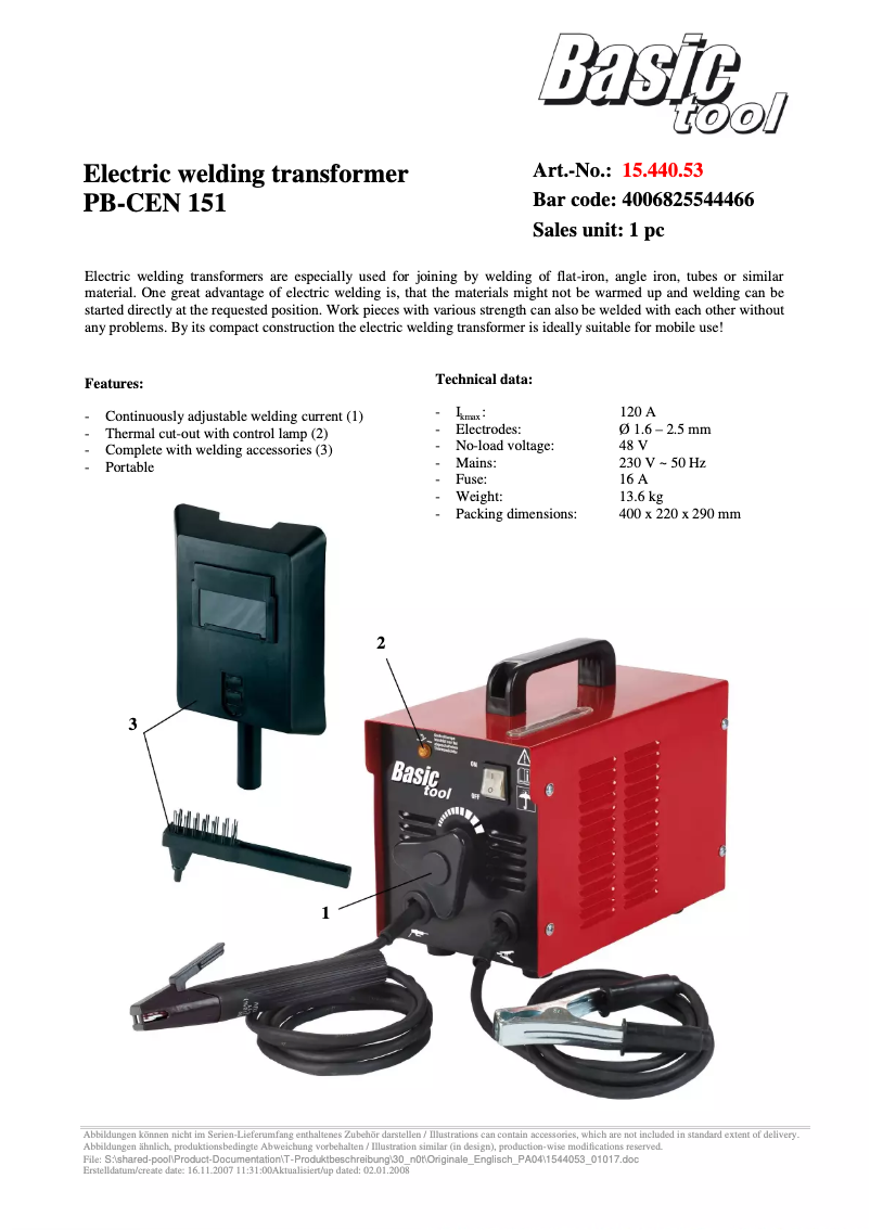 Page n°1 - Manuel utilisateur Basic tool PB-CEN 151