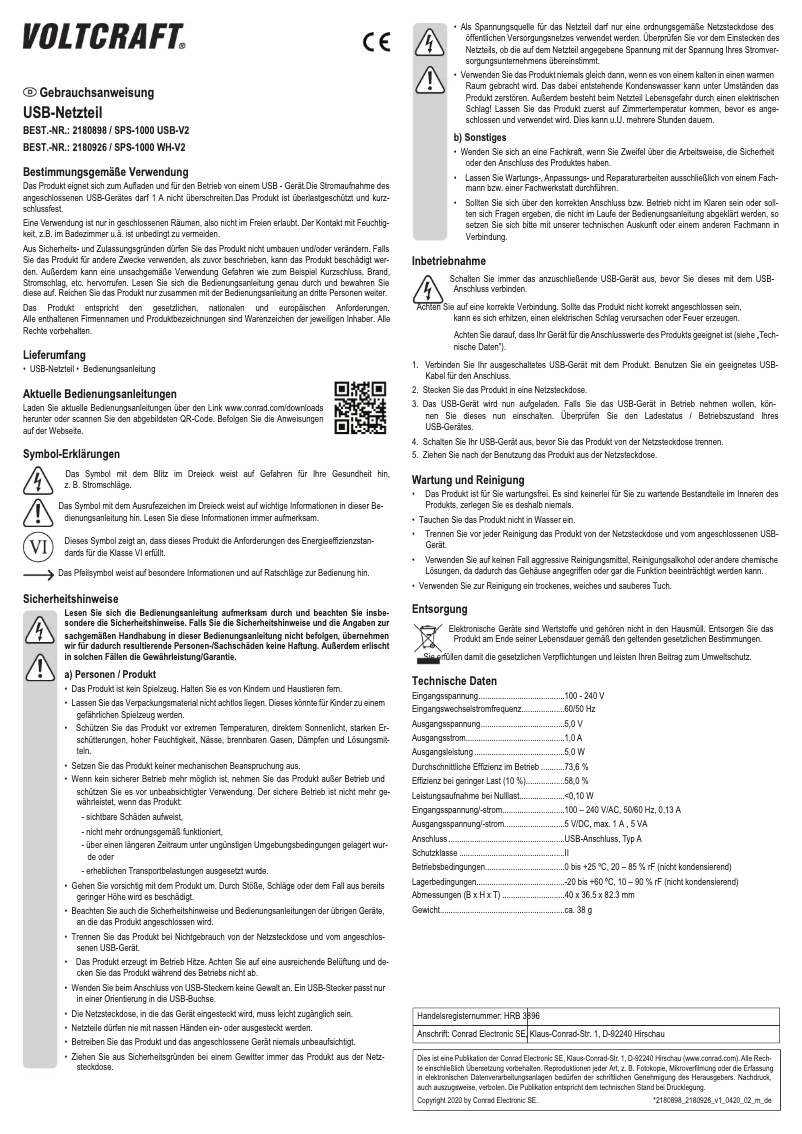 Page n°1 - Manuel utilisateur Voltcraft SPS-1000 USB-V2