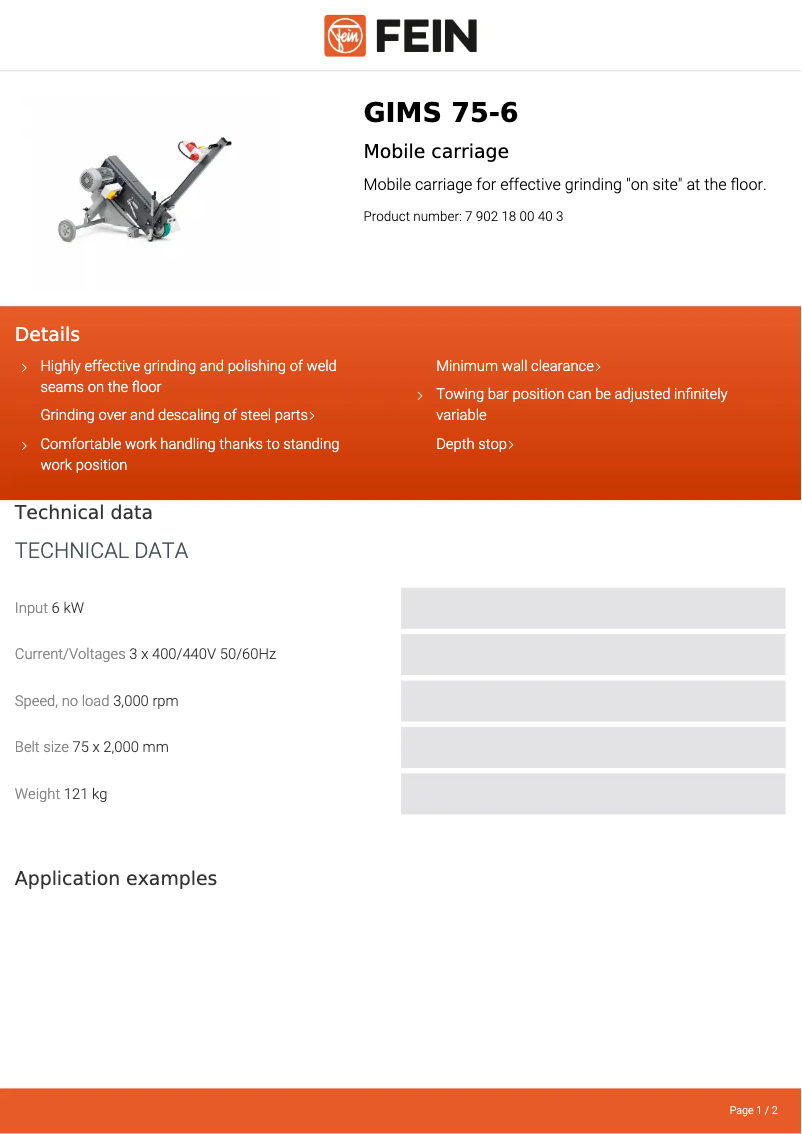 Page 1 de la notice Fiche technique Fein GIMS 75-6