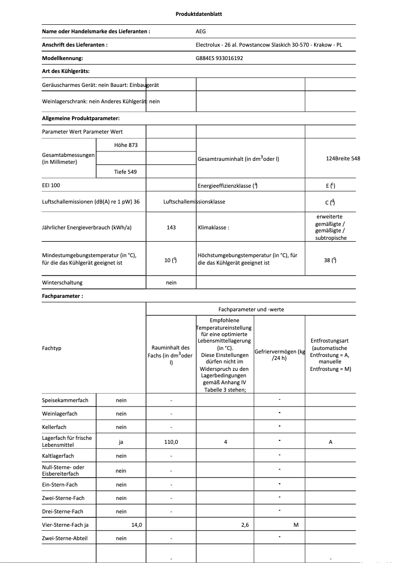 Page n°1 - Fiche technique AEG G884ES