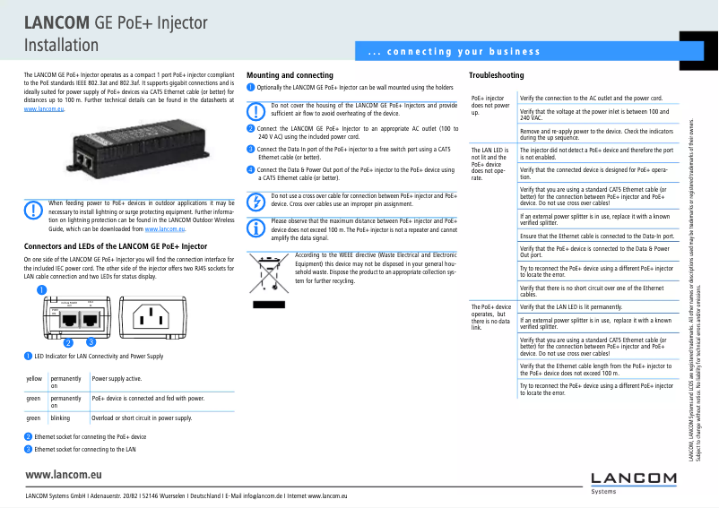Page 1 de la notice Manuel utilisateur Lancom GE PoE+ Injector