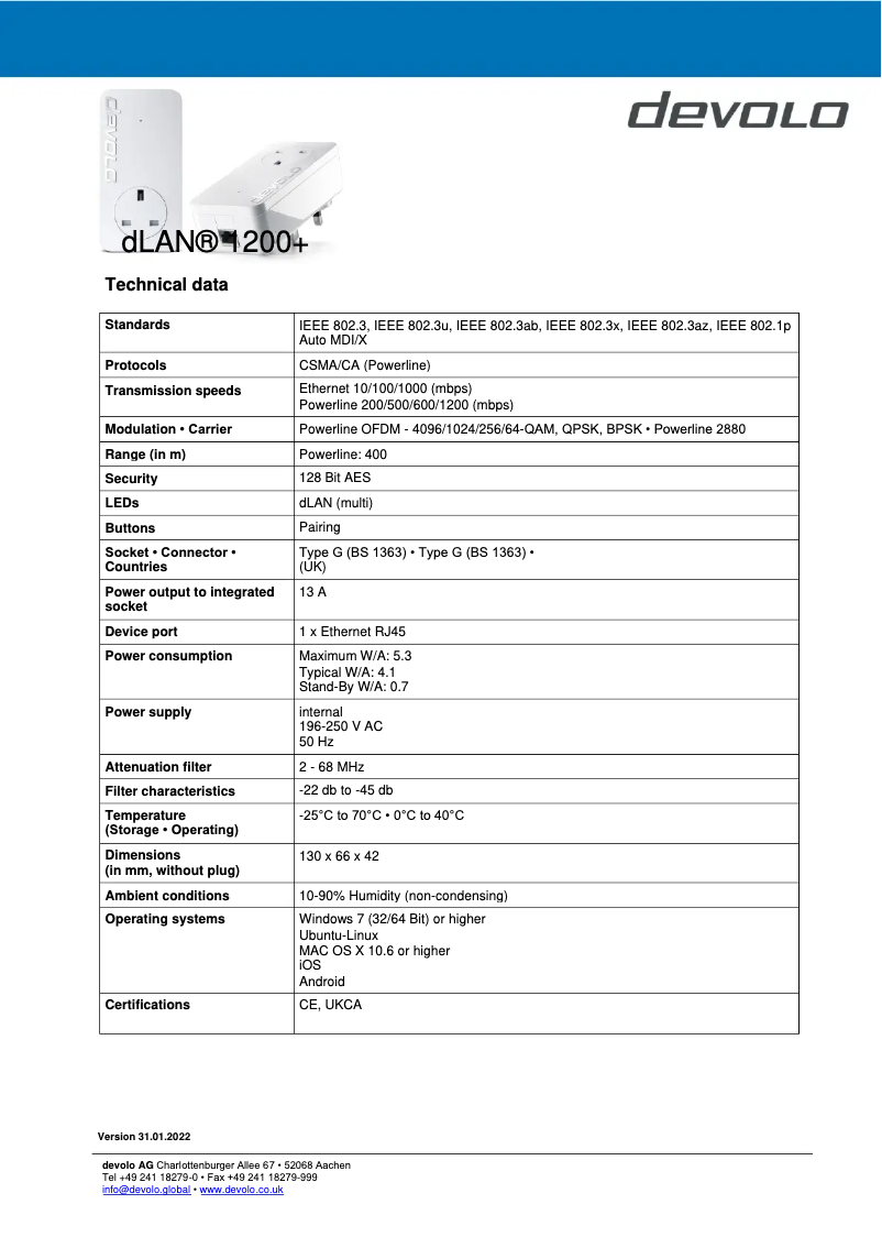 Page 1 de la notice Fiche technique Devolo dLAN 1200