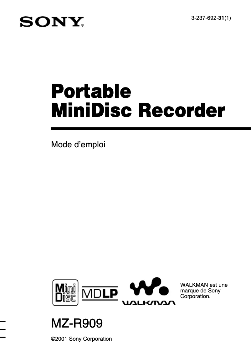 Page 1 de la notice Manuel utilisateur Sony MZ-R909