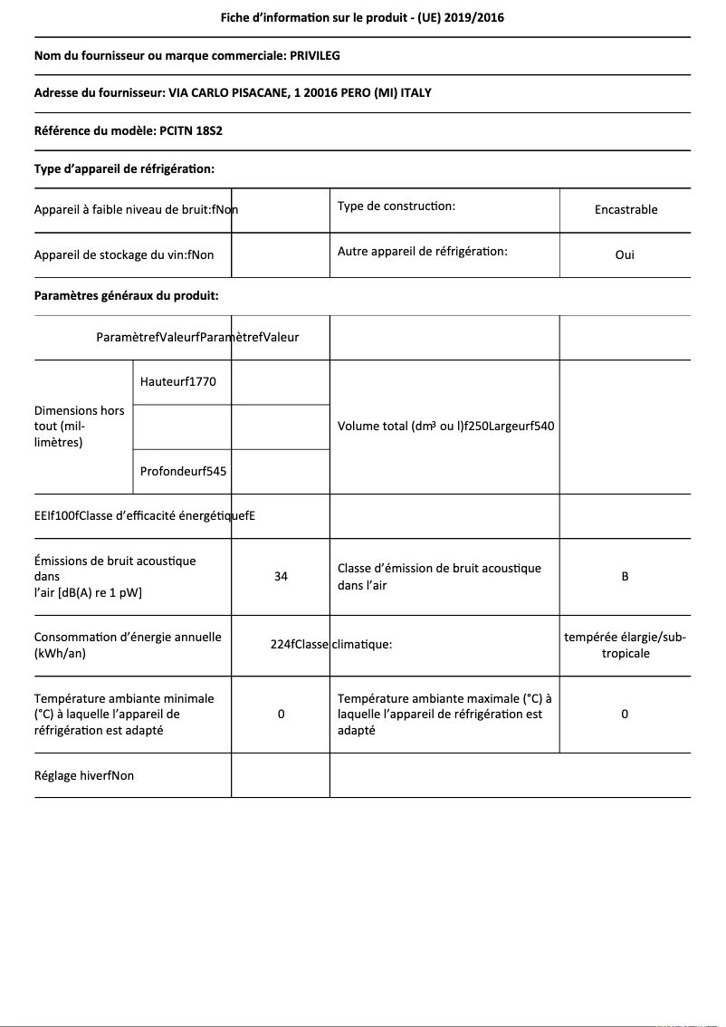 Page 1 de la notice Fiche technique Privileg PCITN 18S2