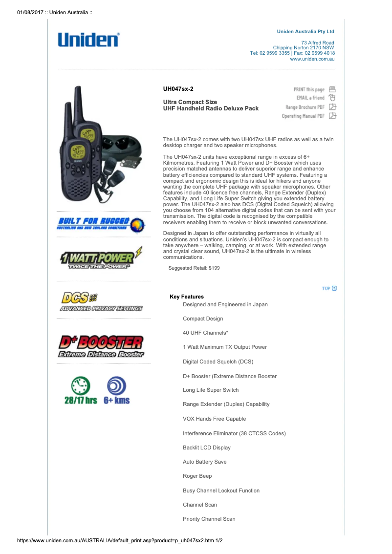 Page 1 de la notice Manuel utilisateur Uniden UH047SX