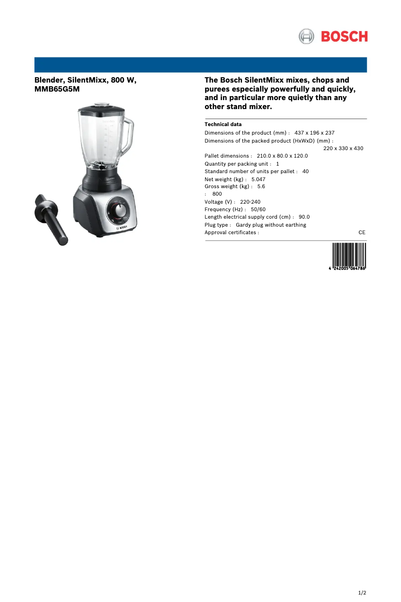 Page n°1 - Fiche technique Bosch SilentMixx MMB65G5M