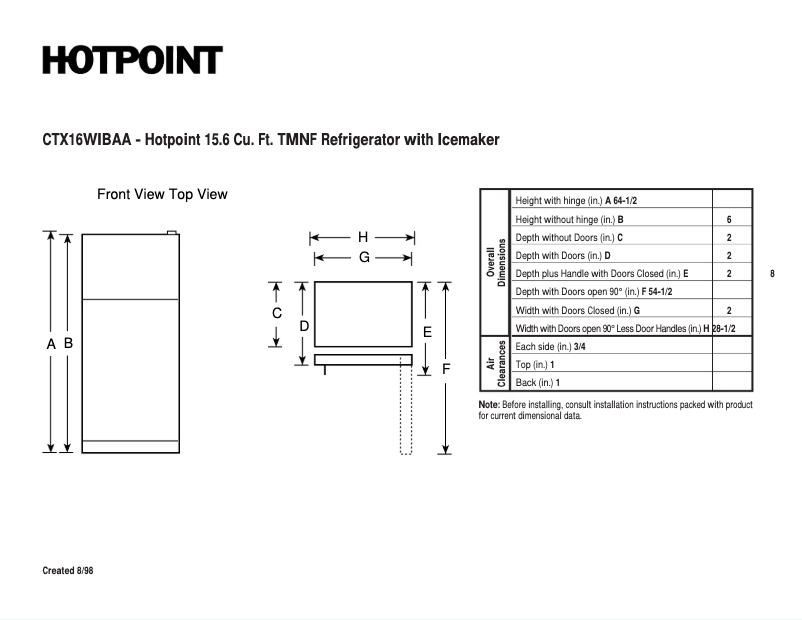 Page n°1 - Fiche technique Hotpoint CTX16WIBRWW