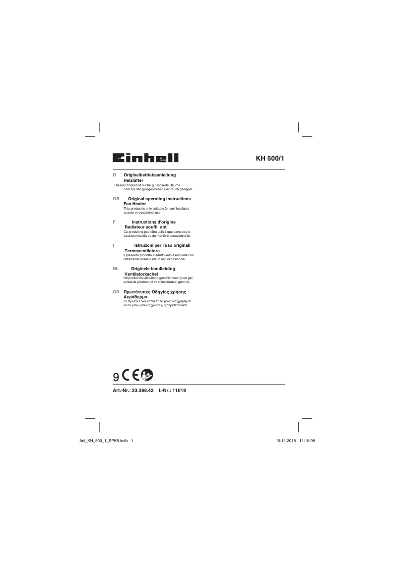 Page 1 de la notice Manuel utilisateur Einhell KH 500/1