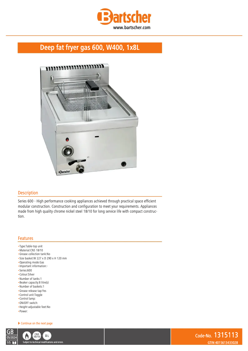 Page n°1 - Manuel utilisateur Bartscher 1315113