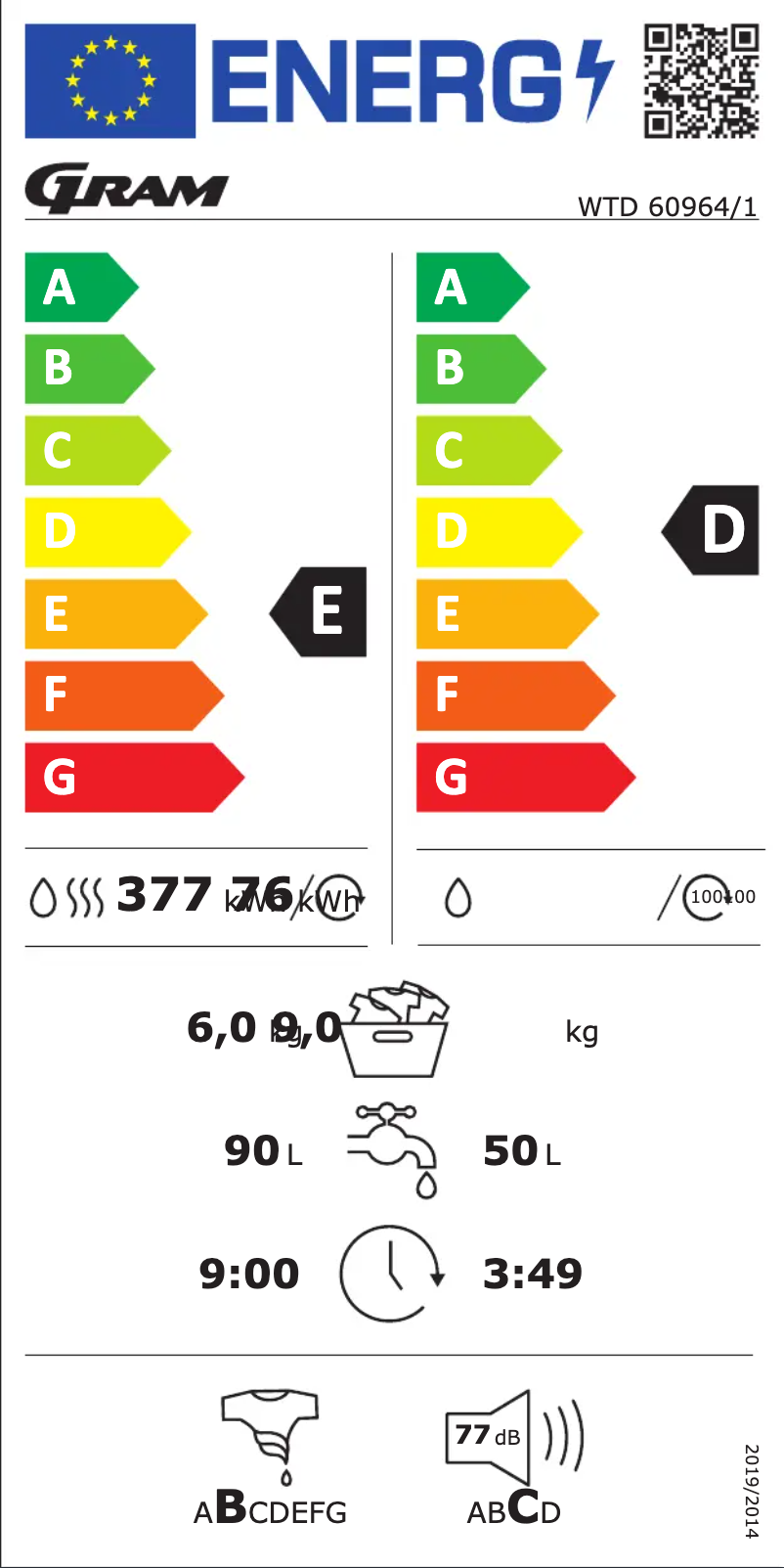Page 1 de la notice Label énergétique Gram WTD 60964/1