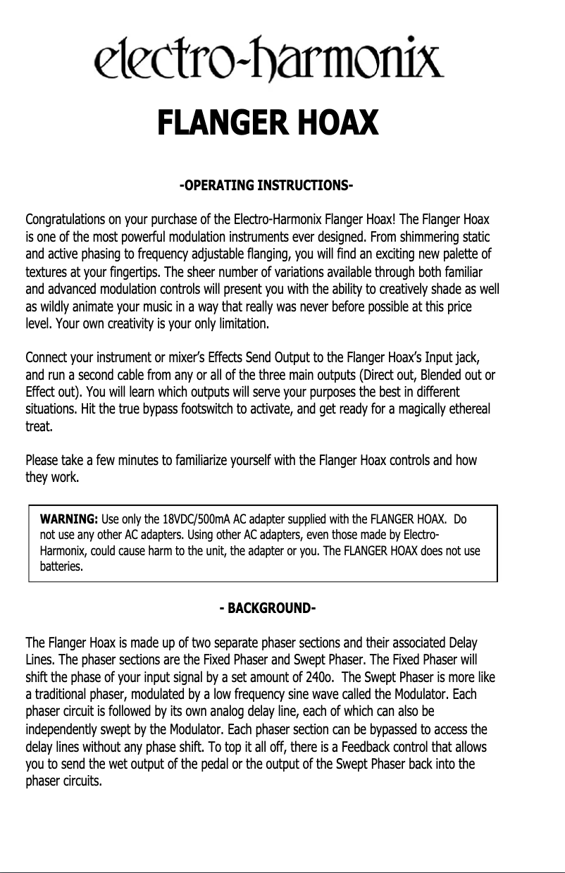 Image de la première page du manuel de l'appareil FLANGER HOAX