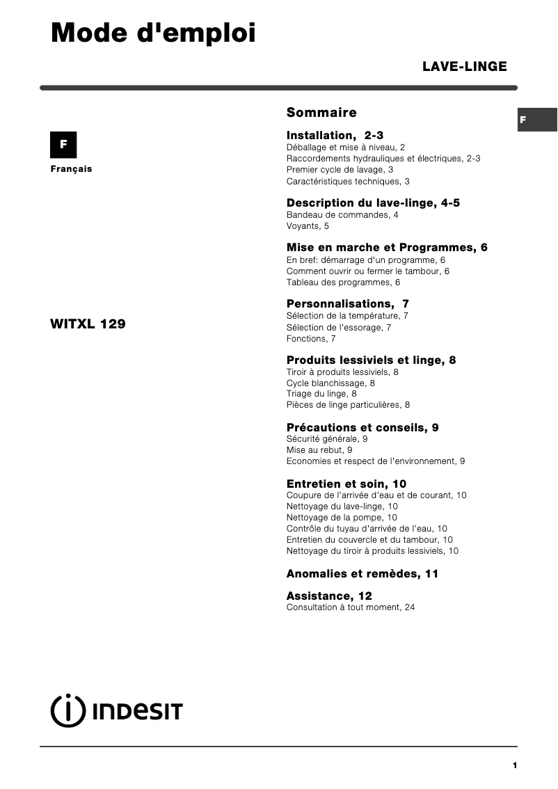 Image de la première page du manuel de l'appareil WITXL 129 (FR)