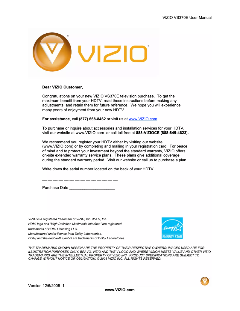 Page 1 de la notice Manuel utilisateur VIZIO VS370E