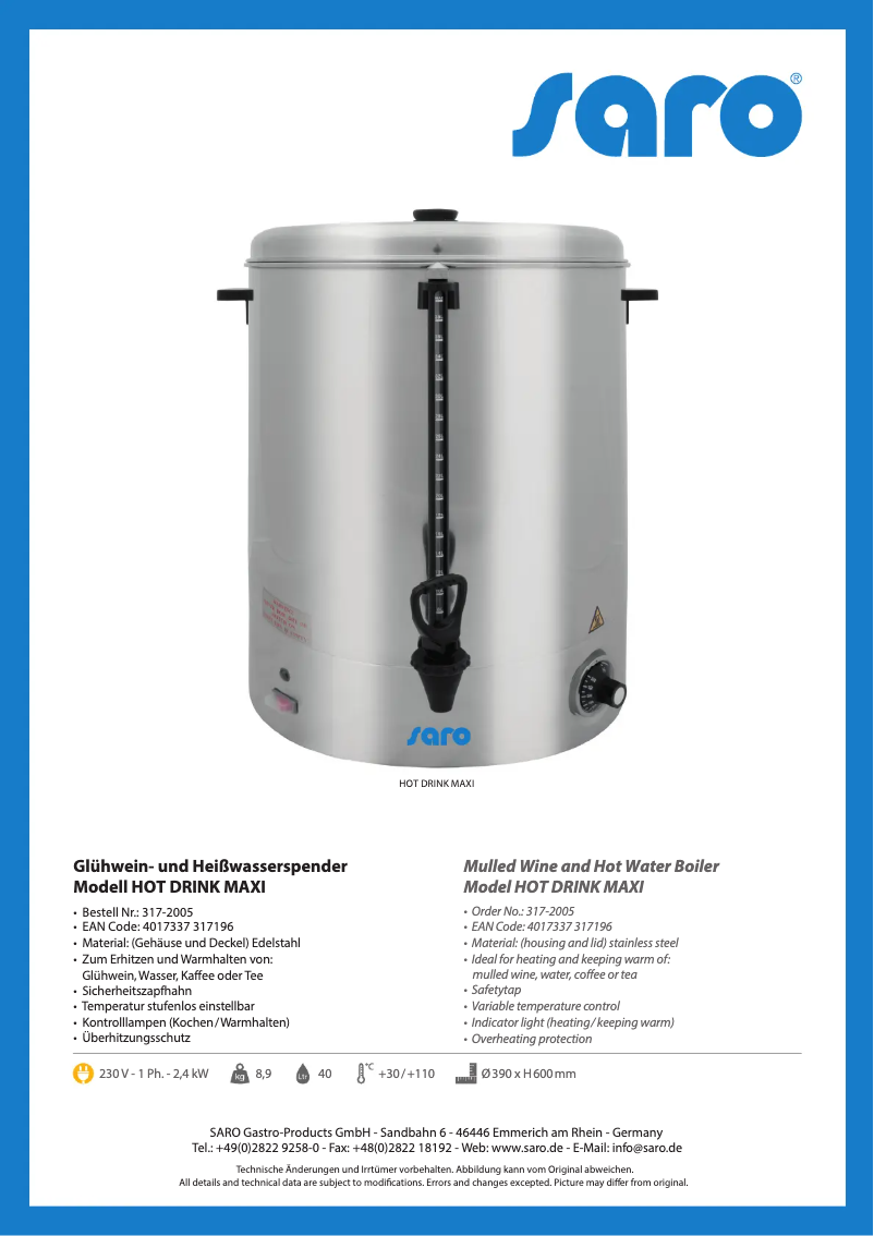 Image de la première page du manuel de l'appareil HOT DRINK MAXI 317-2005