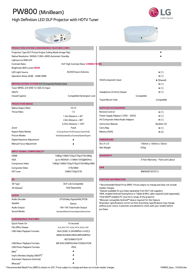 Página 1 del manual Ficha técnica LG PW800