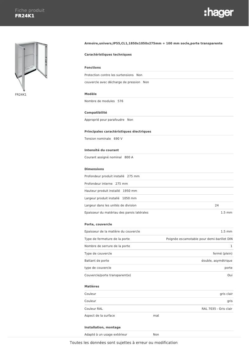 Page n°1 - Fiche technique Hager FR24K1