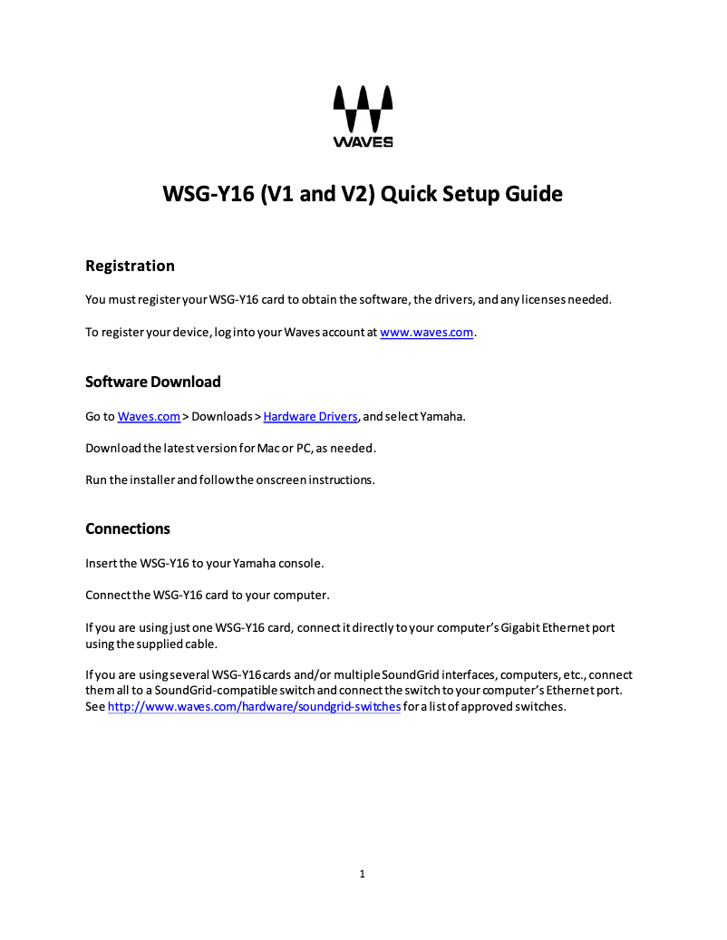 Image de la première page du manuel de l'appareil Waves WSG-Y16 V2