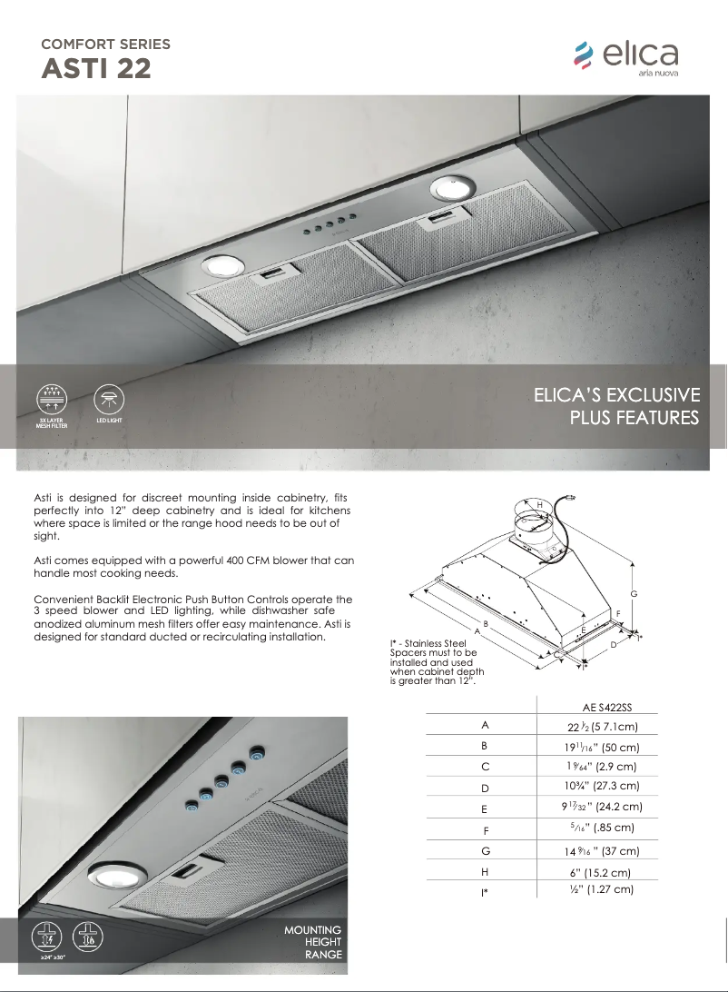 Page 1 de la notice Fiche technique Elica Asti EAS422SS