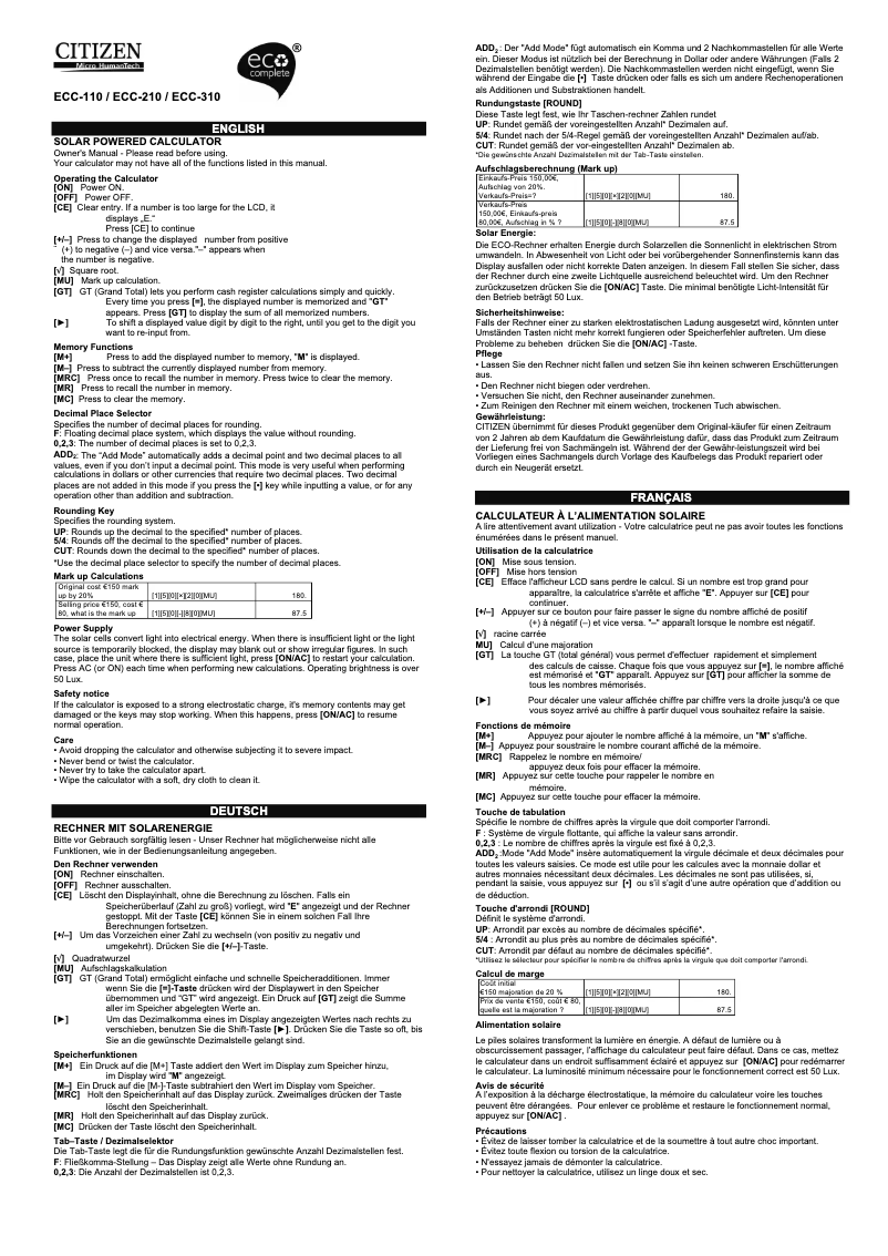Page 1 de la notice Manuel utilisateur Citizen ECC-210