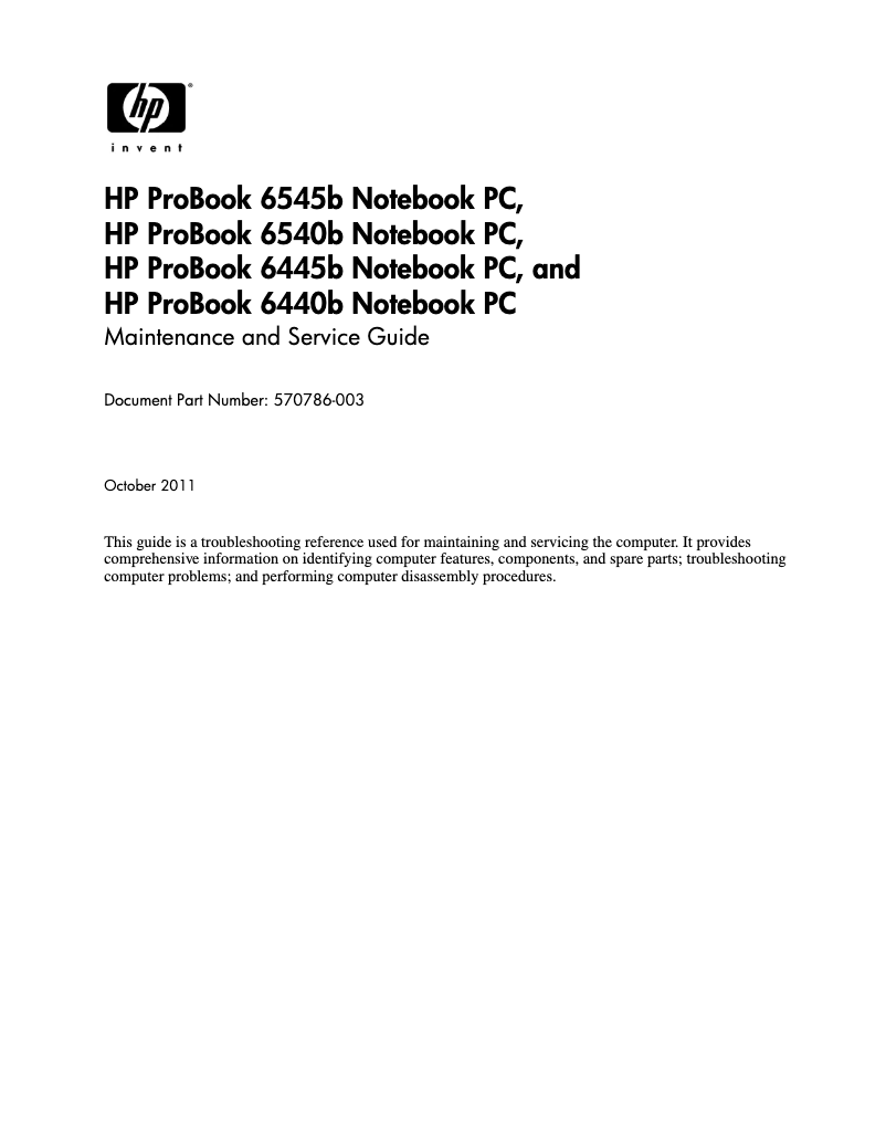 Page 1 de la notice Manuel d'utilisation et d'entretien HP ProBook 6440b
