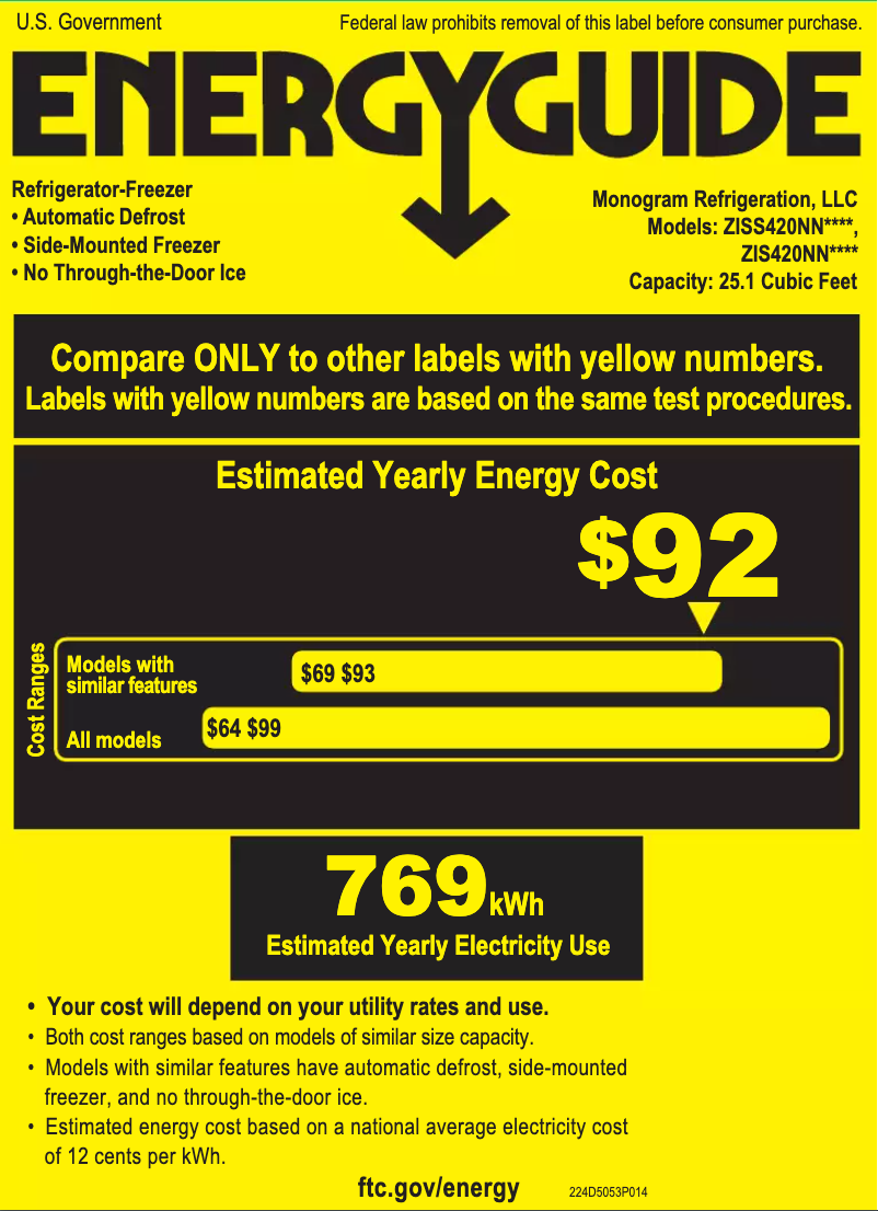 Page 1 de la notice Label énergétique Monogram ZISS420NNSS