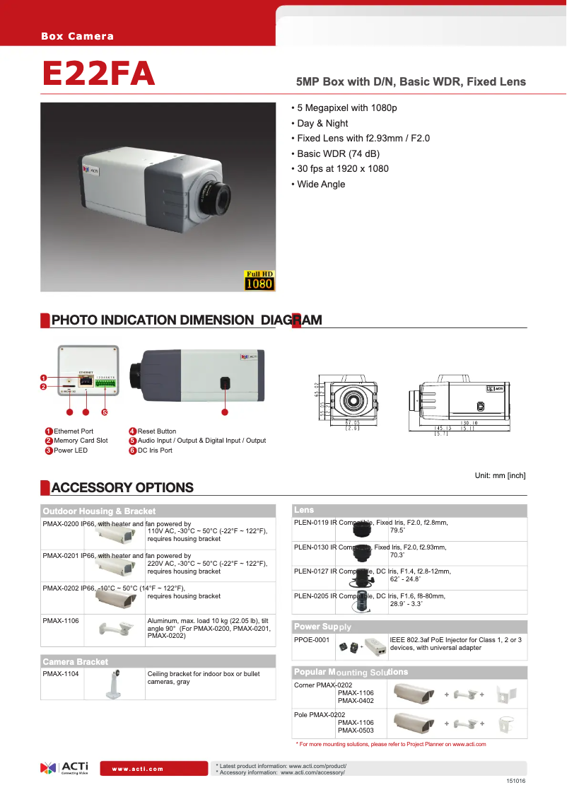 Page 1 de la notice Fiche technique ACTi E22FA