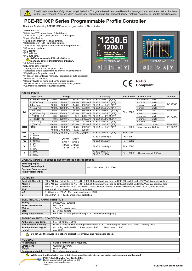Image de la première page du manuel de l'appareil PCE-RE100P