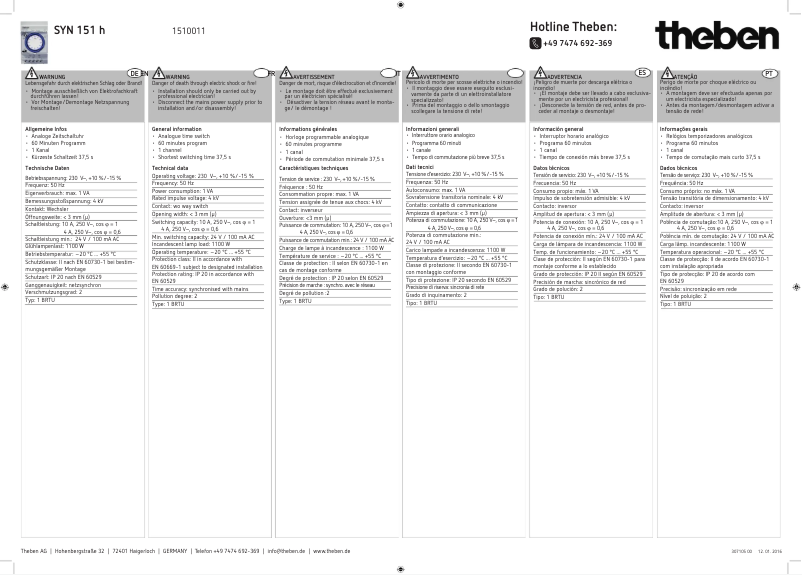 Page 1 de la notice Manuel utilisateur Theben SYN 151 h