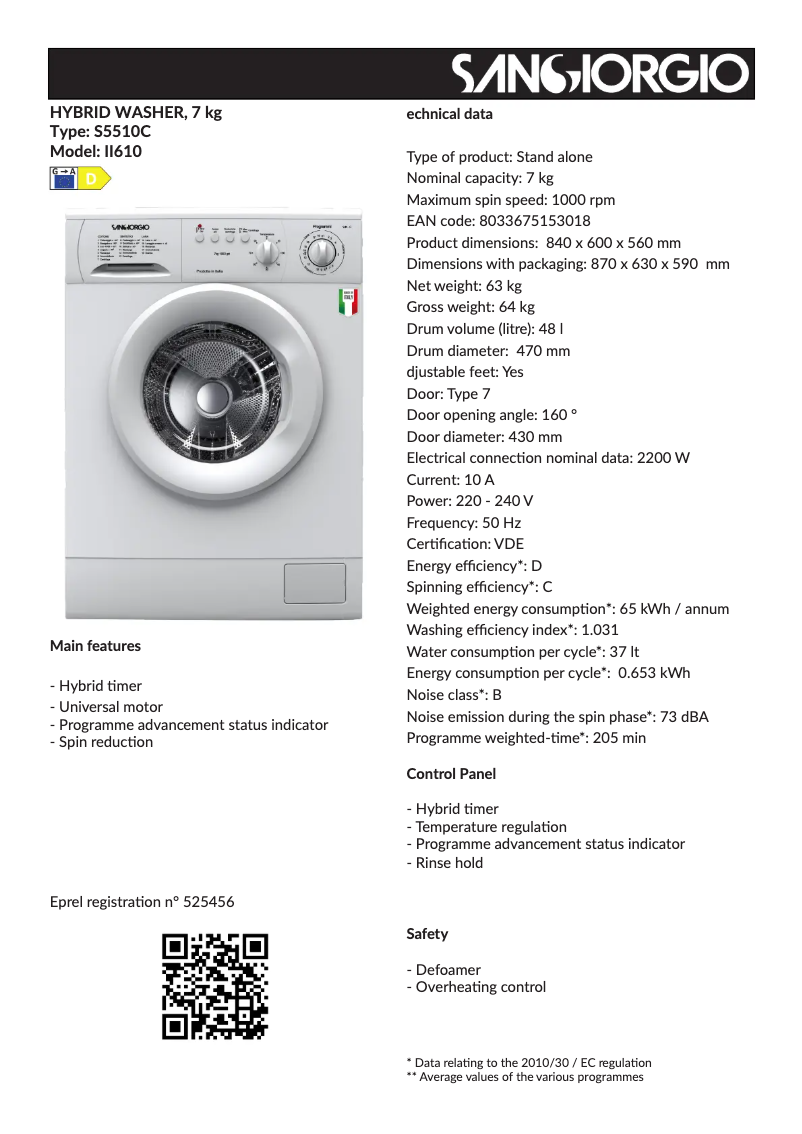Page 1 de la notice Fiche technique SanGiorgio S5510C