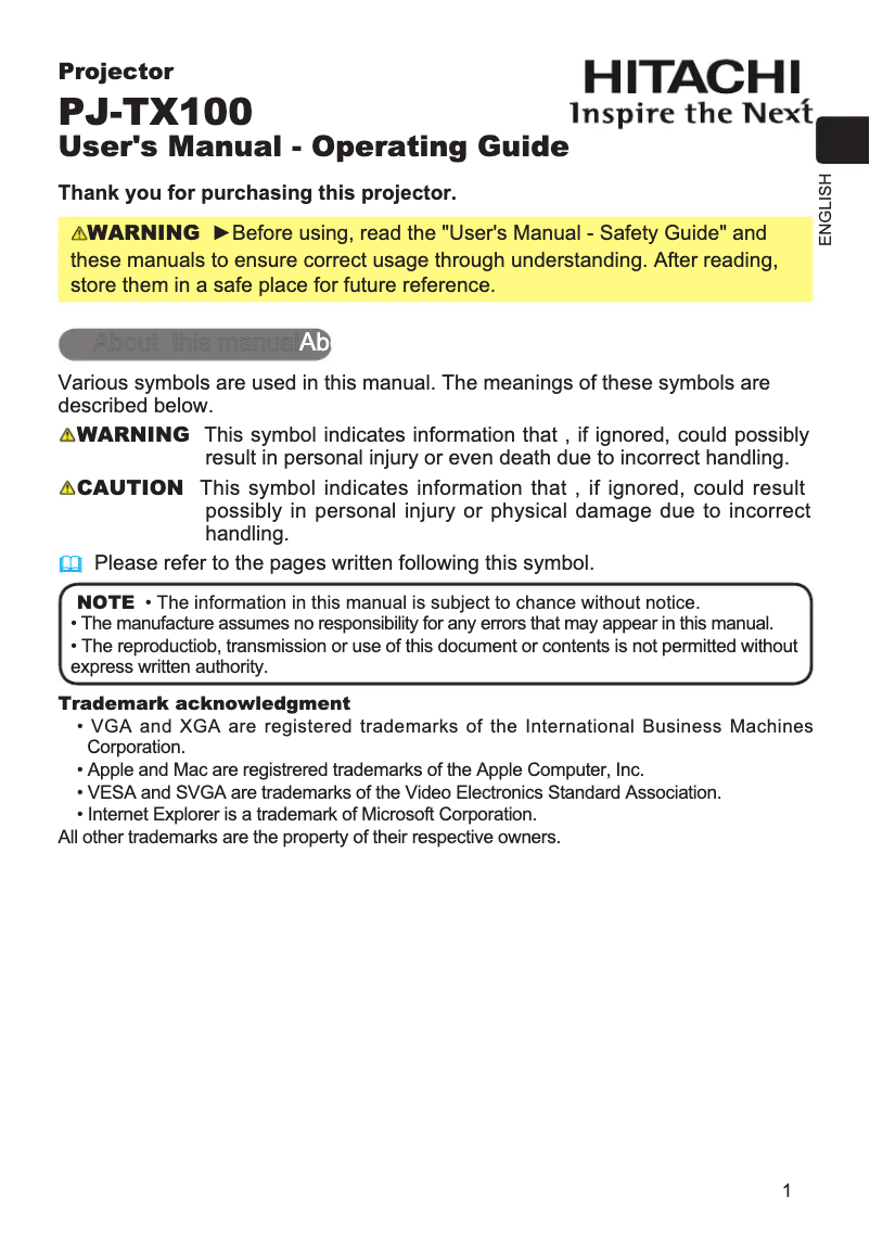 Image de la première page du manuel de l'appareil PJ-TX100W