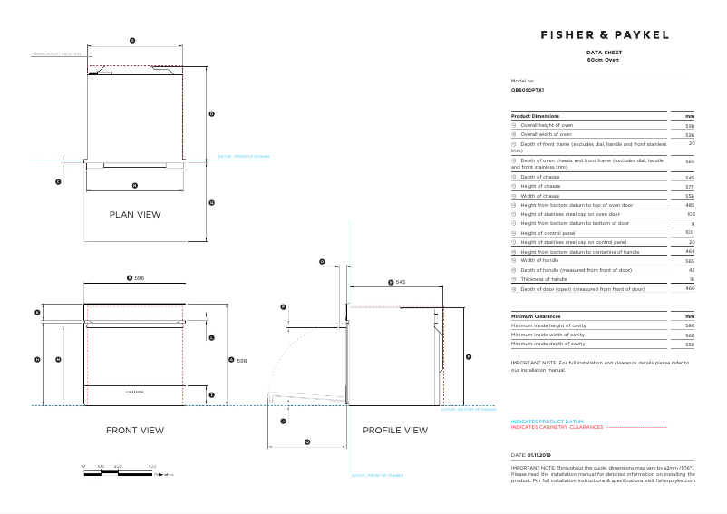 Page 1 de la notice Fiche technique Fisher & Paykel OB60SDPTX1