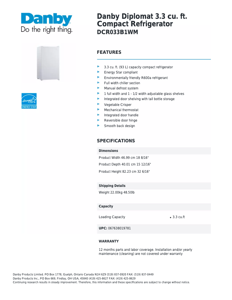 Page 1 de la notice Fiche technique Danby Diplomat DCR033B1WM