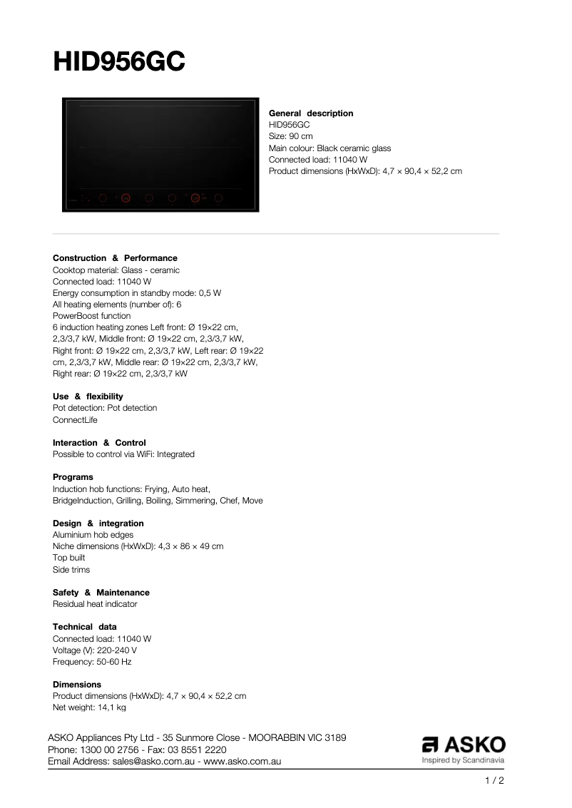 Page n°1 - Fiche technique Asko HID956GC