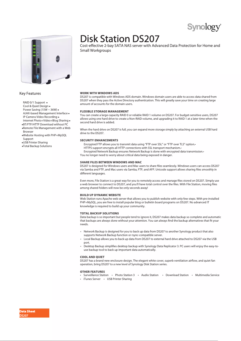 Page 1 de la notice Fiche technique Synology DiskStation DS207