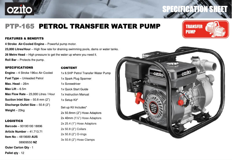 Página 1 del manual Ficha técnica Ozito PTP-165