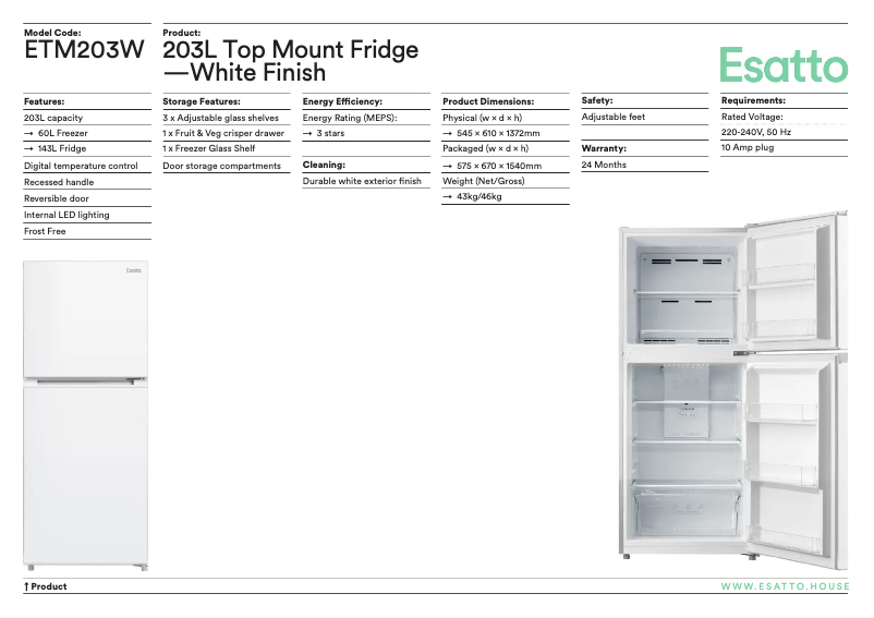 Page 1 de la notice Fiche technique Esatto ETM203W