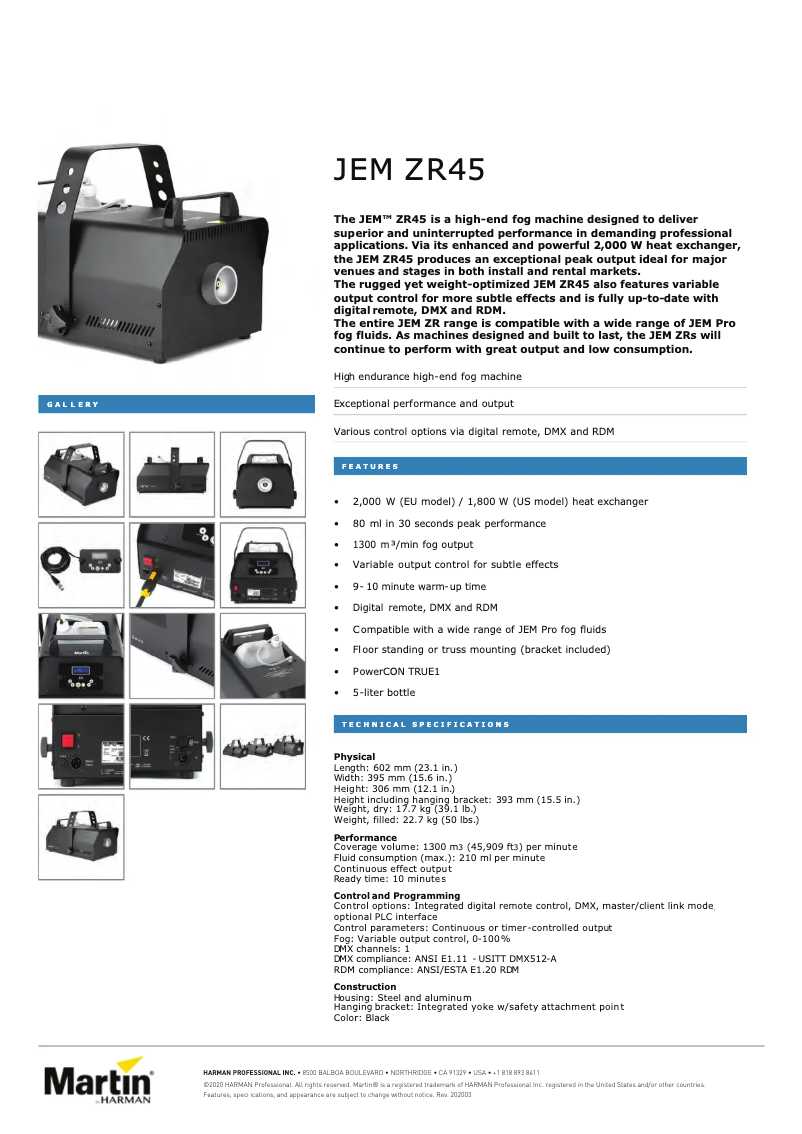 Page 1 de la notice Fiche technique Martin JEM ZR45