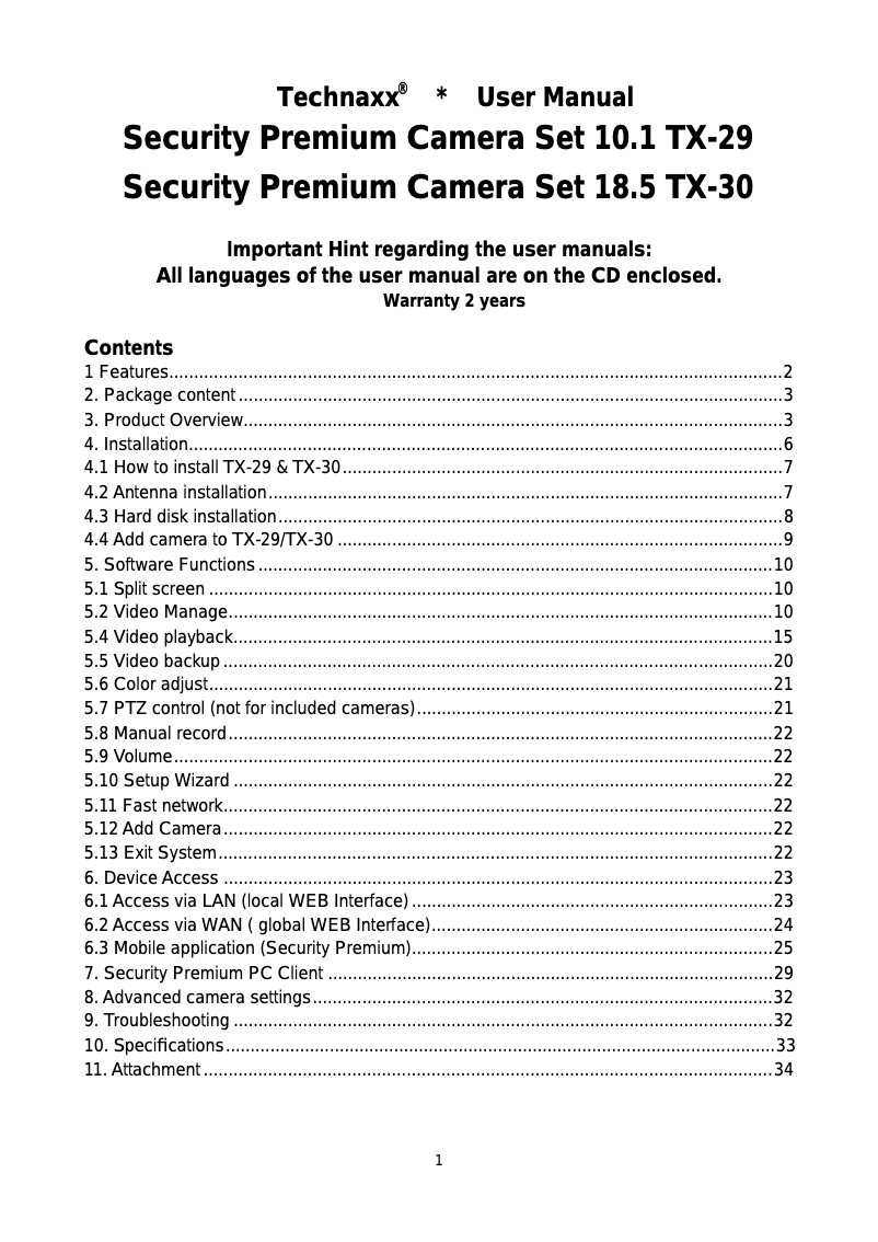 Page 1 de la notice Manuel utilisateur Technaxx Premium TX-30