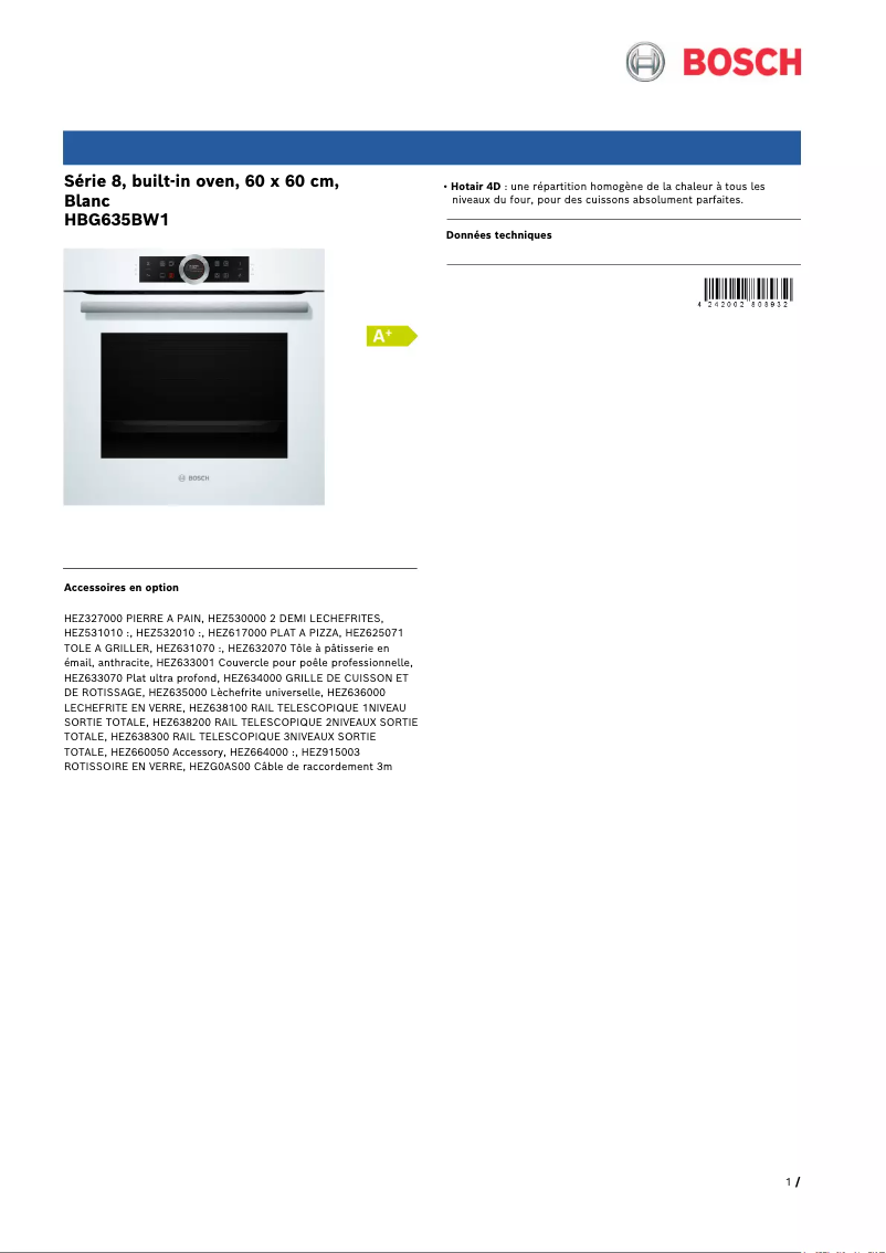 Page n°1 - Fiche technique Bosch HBG635BW1