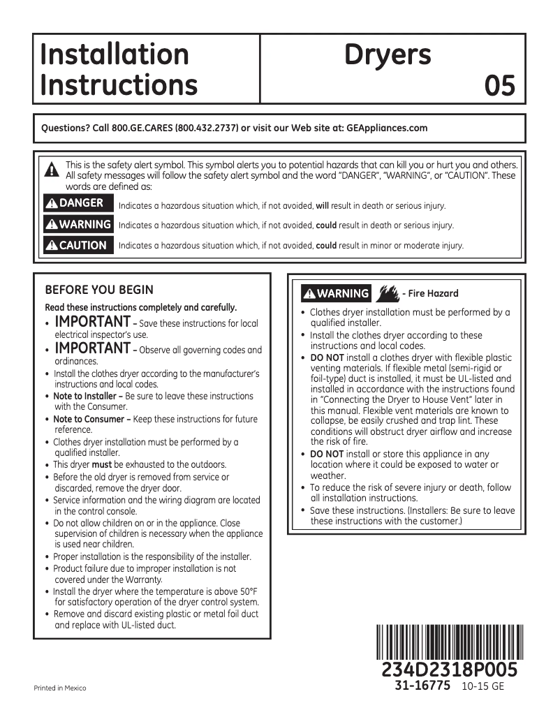 Image de la première page du manuel de l'appareil GTX33GASKWW