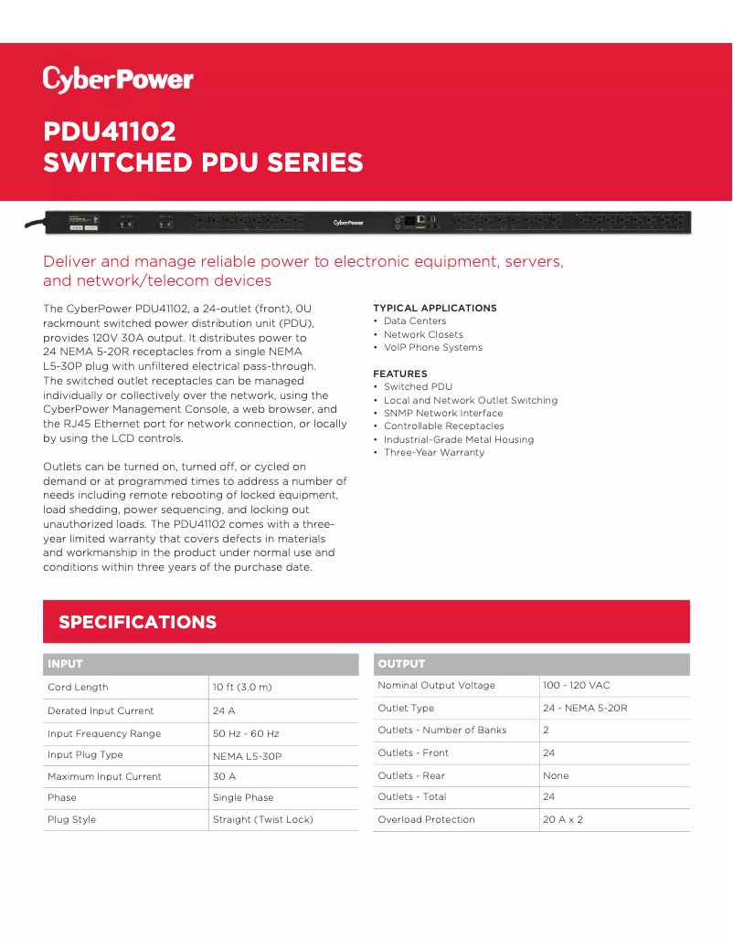 Page 1 de la notice Fiche technique CyberPower PDU41102