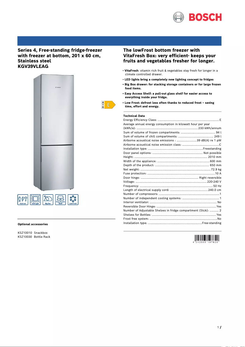 Page n°1 - Fiche technique Bosch KGV39VLEAG